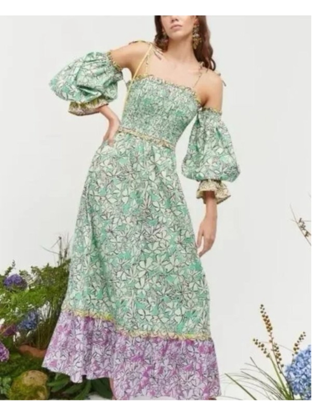 Celia B Lurleen Floral Smocked Off the Shoulder Balloon Sleeves Dress S Picnic